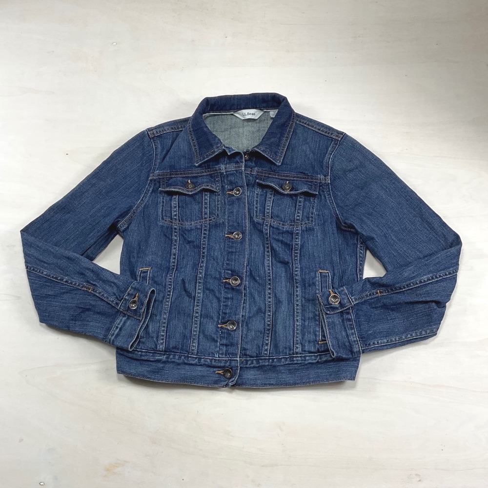 LL Bean Womens Denim Trucker Jacket XS Petite Dark Wash Blue Y2K 294341